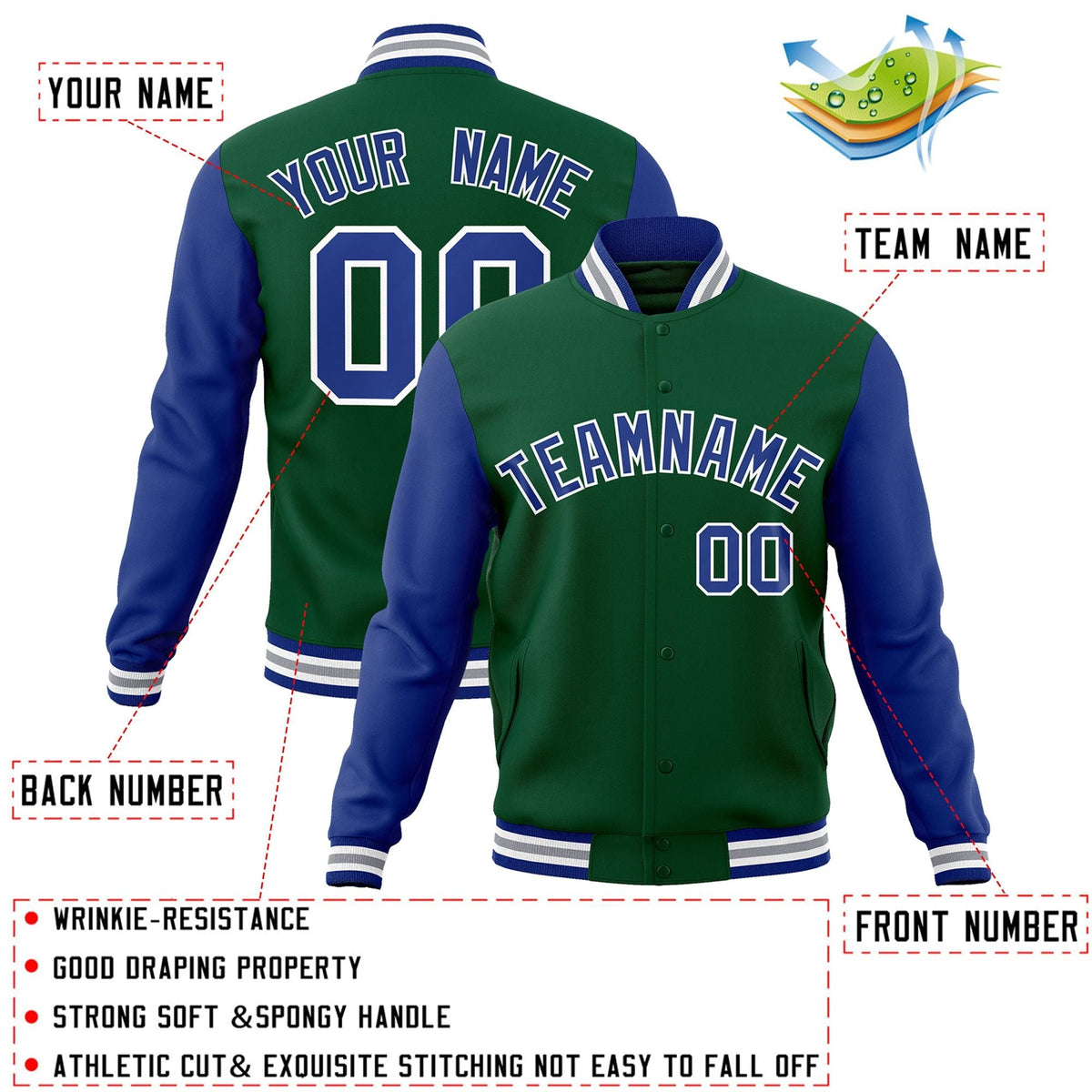 Custom Green Royal-White Letterman Jacket Contrast Sleeves Varsity Full-Snap
