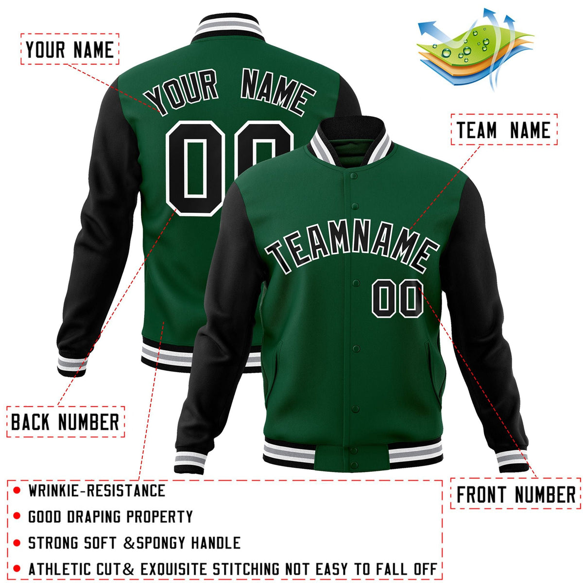Custom Green Black-White Letterman Jacket Contrast Sleeves Varsity Full-Snap