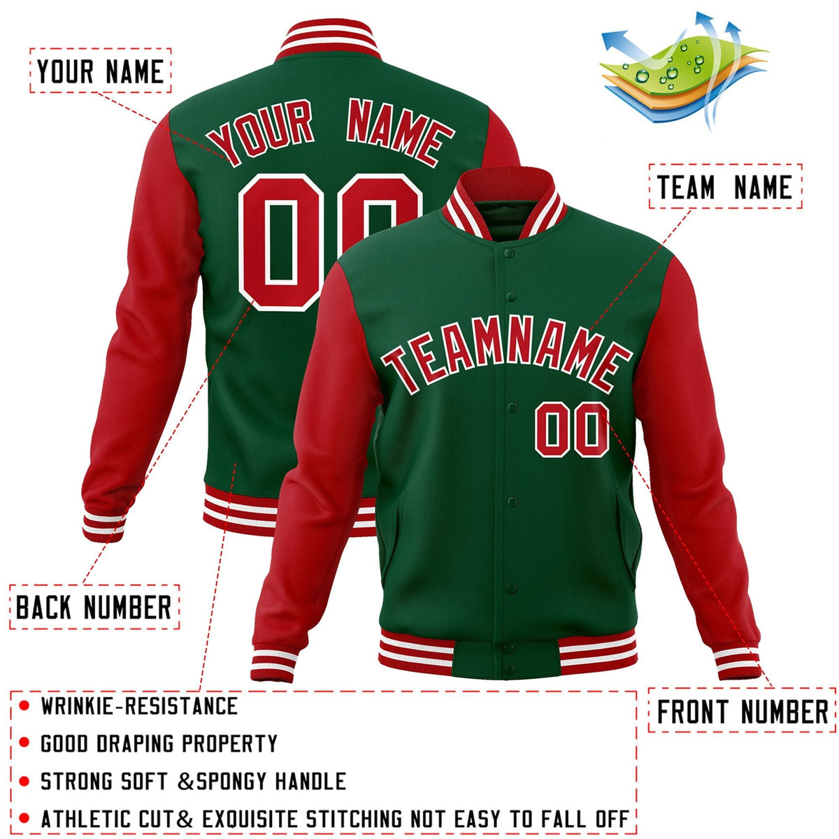 Custom Green Red-White Letterman Jacket Contrast Sleeves Varsity Full-Snap
