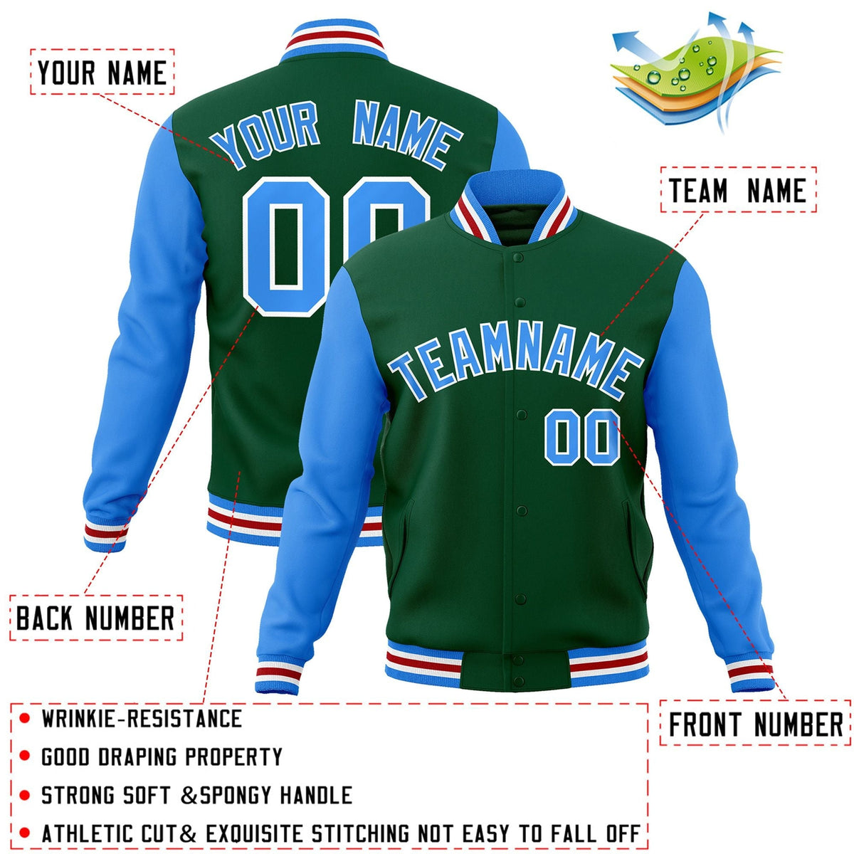 Custom Green Powder Blue-White Letterman Jacket Contrast Sleeves Varsity Full-Snap