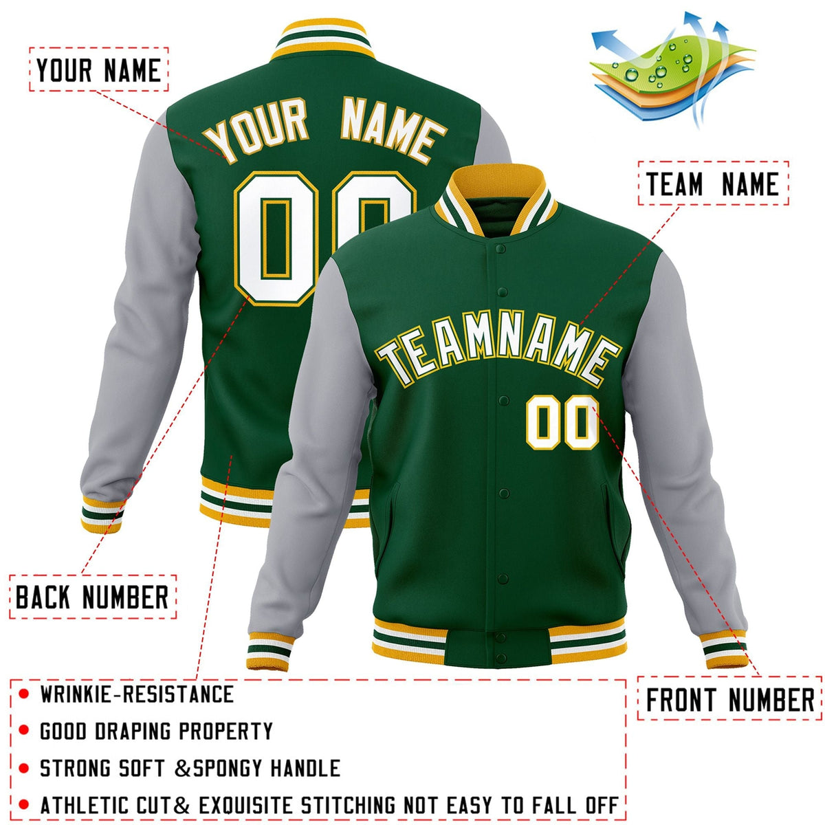 Custom Green White-Green Letterman Jacket Contrast Sleeves Varsity Full-Snap
