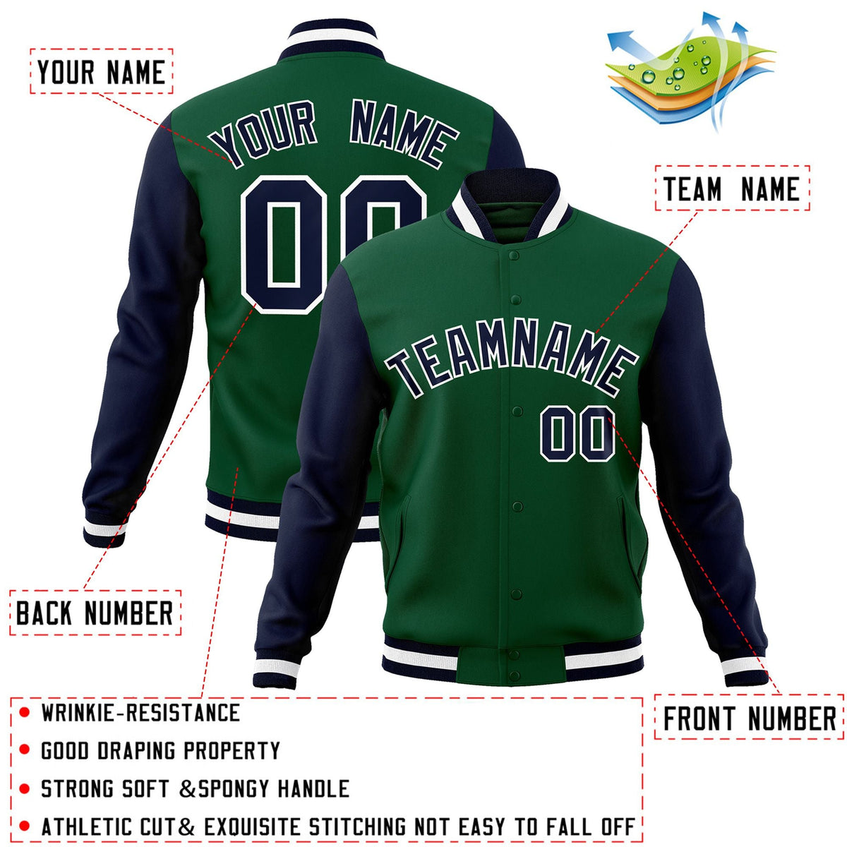 Custom Green Navy-White Letterman Jacket Contrast Sleeves Varsity Full-Snap