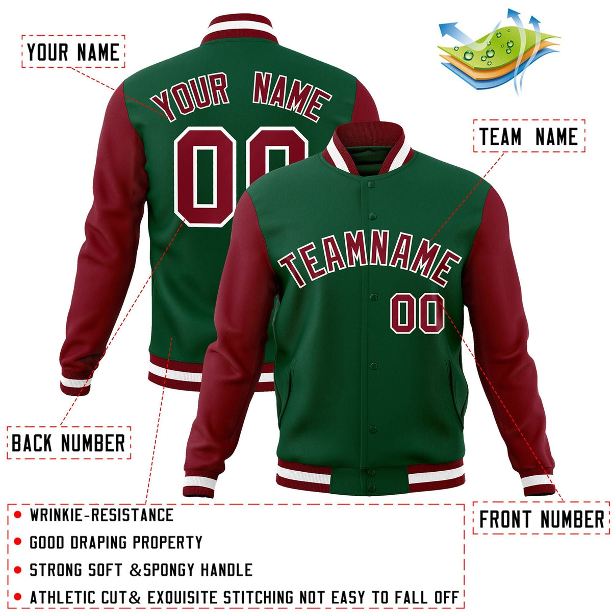 Custom Green Crimson-White Letterman Jacket Contrast Sleeves Varsity Full-Snap