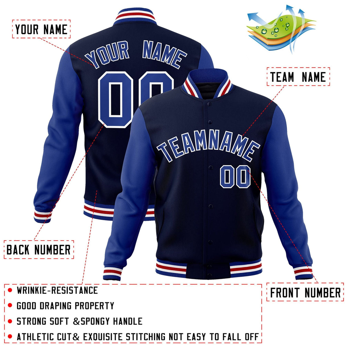Custom Navy Royal-White Letterman Jacket Contrast Sleeves Varsity Full-Snap
