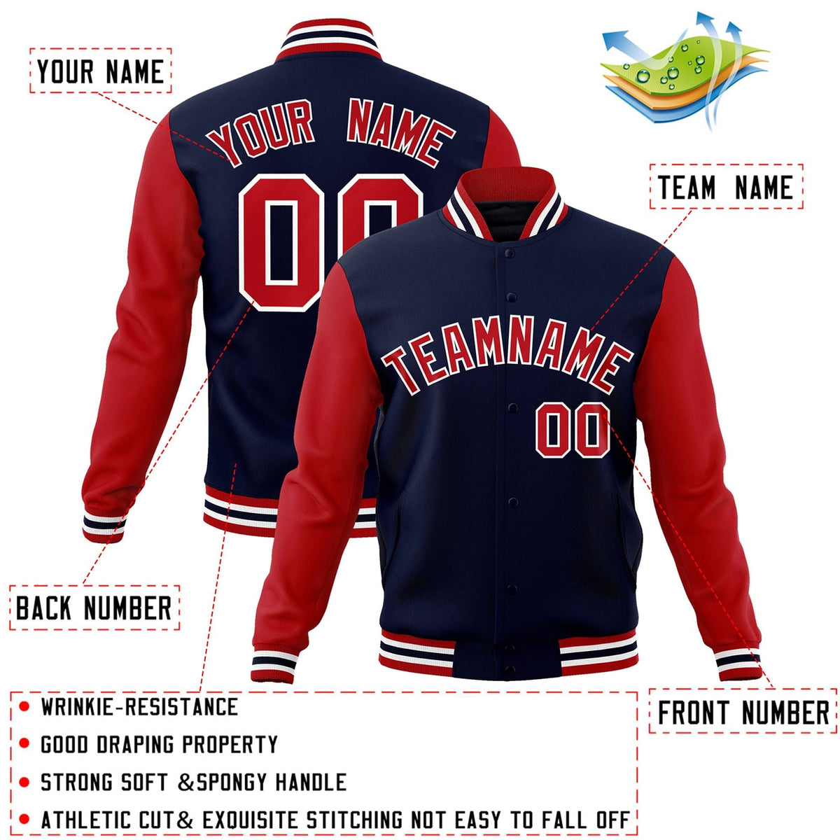 Custom Navy Red-White Letterman Jacket Contrast Sleeves Varsity Full-Snap
