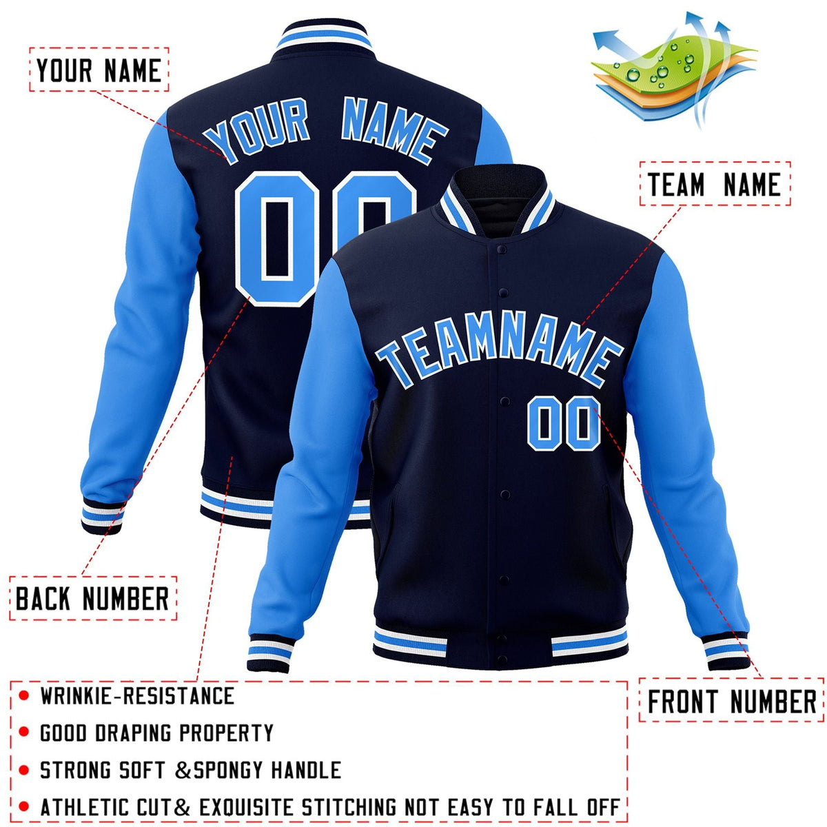Custom Navy Powder Blue-White Letterman Jacket Contrast Sleeves Varsity Full-Snap