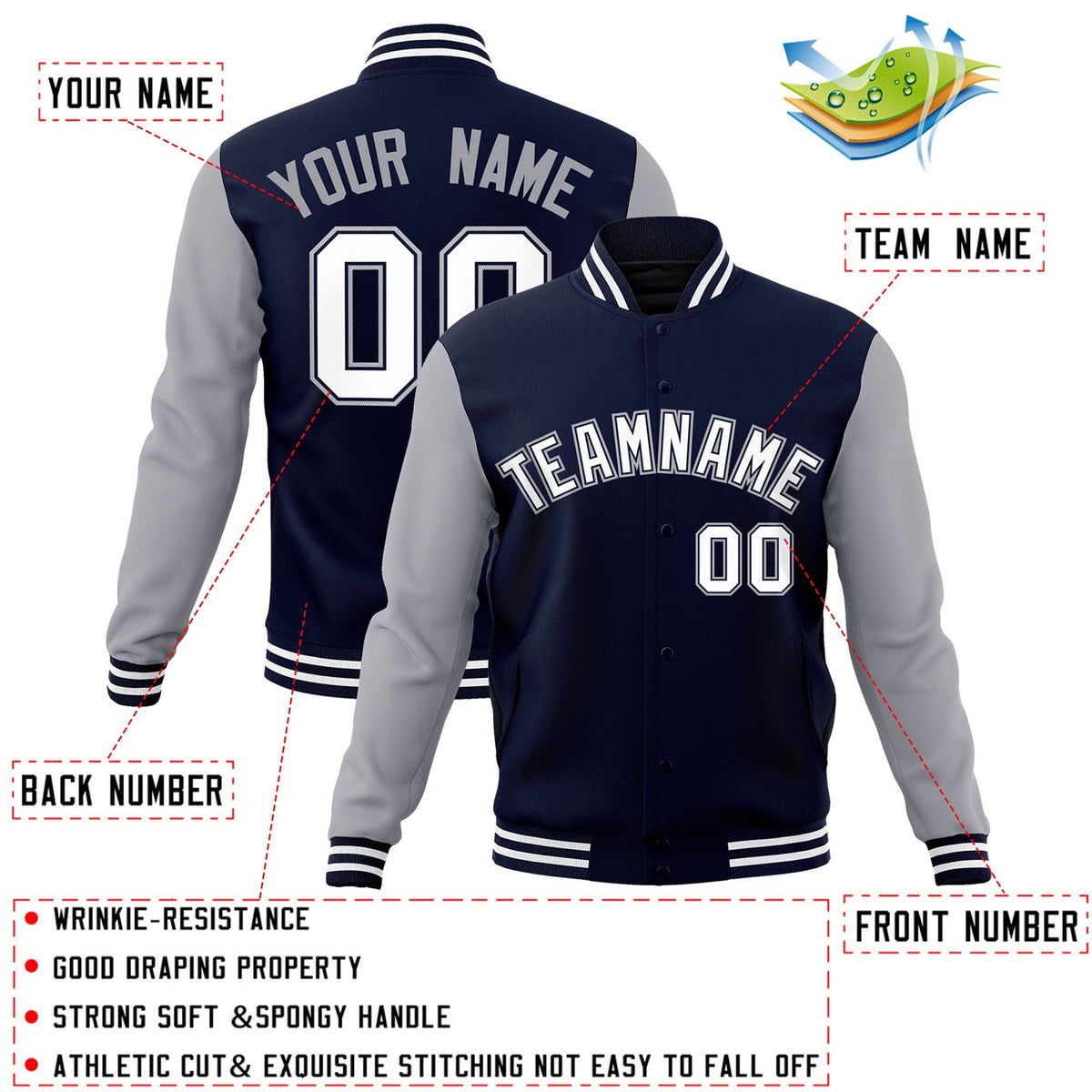 Custom Navy White-Navy Letterman Jacket Contrast Sleeves Varsity Full-Snap