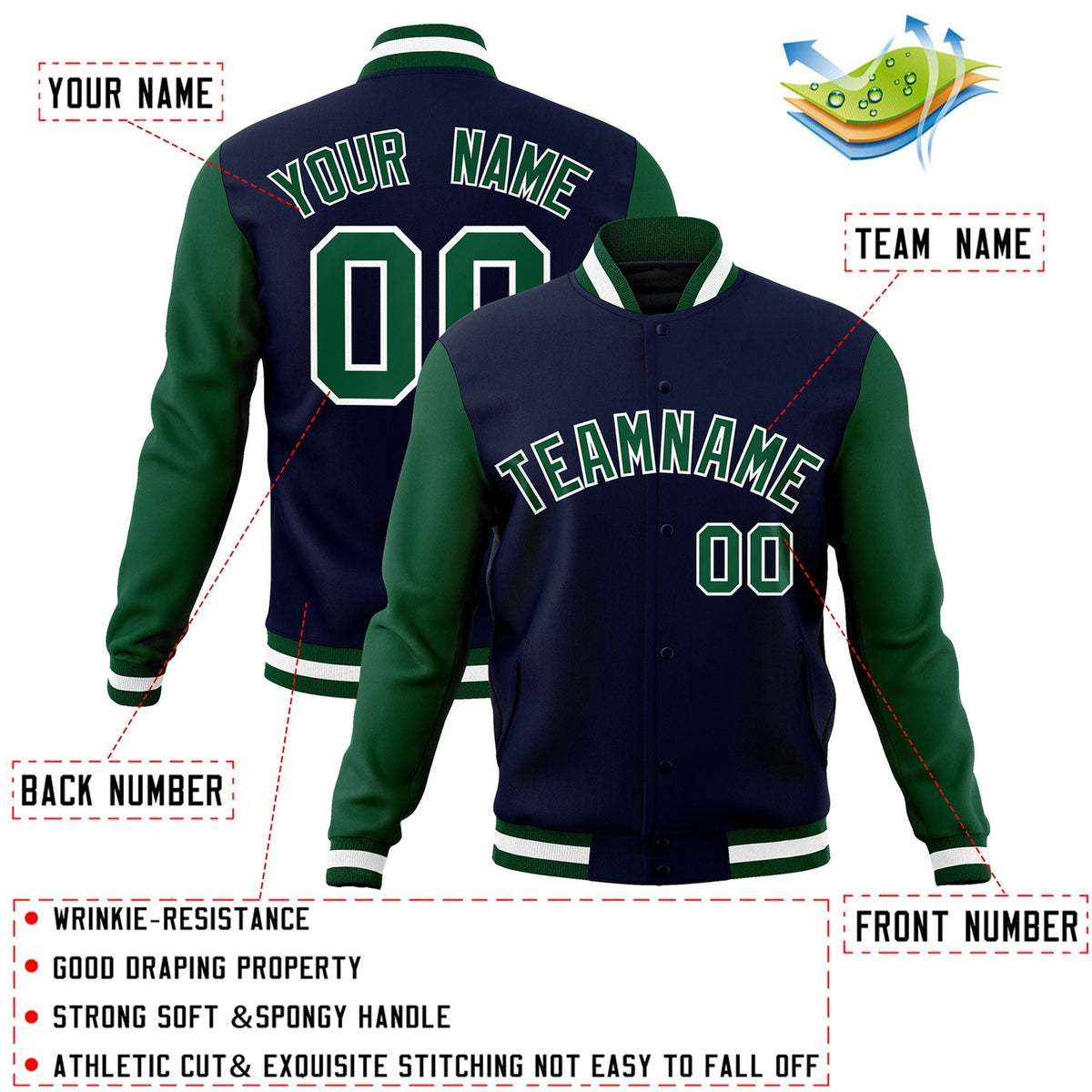 Custom Navy Green-White Letterman Jacket Contrast Sleeves Varsity Full-Snap
