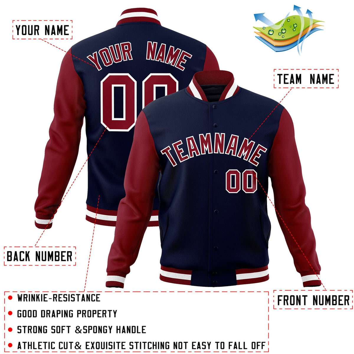 Custom Navy Crimson-White Letterman Jacket Contrast Sleeves Varsity Full-Snap