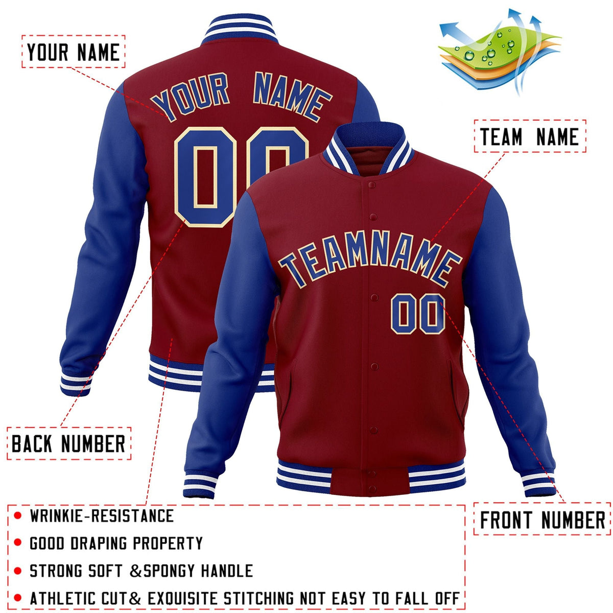 Custom Crimson Royal-Khaki Letterman Jacket Contrast Sleeves Varsity Full-Snap