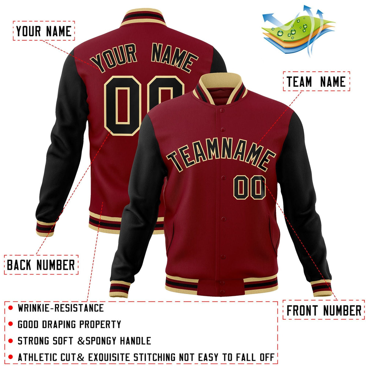 Custom Crimson Black-Khaki Letterman Jacket Contrast Sleeves Varsity Full-Snap