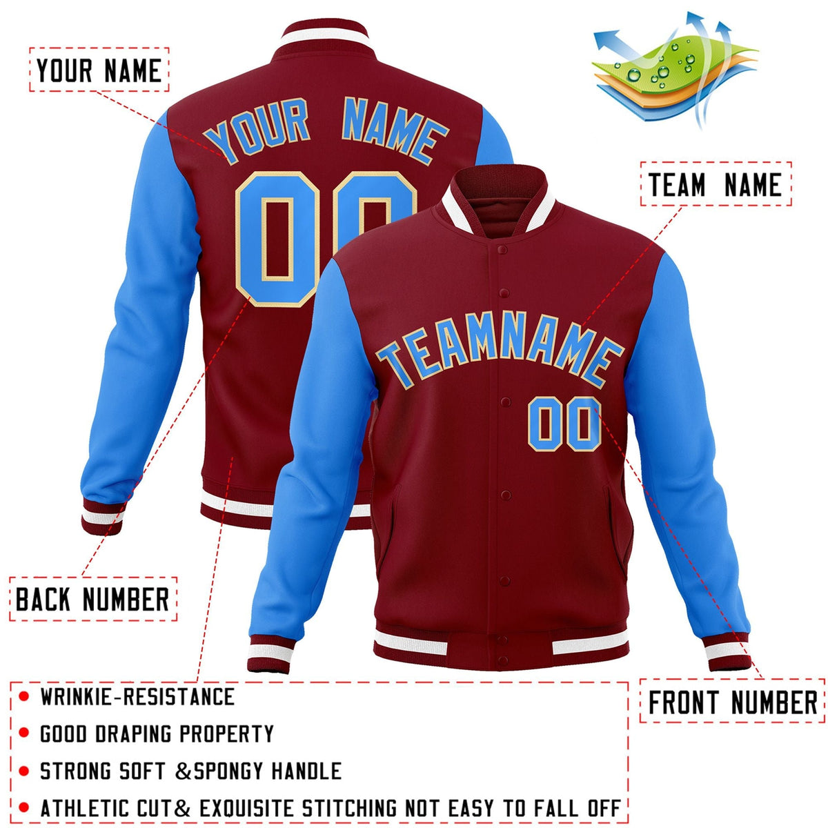 Custom Crimson Powder Blue-Khaki Letterman Jacket Contrast Sleeves Varsity Full-Snap