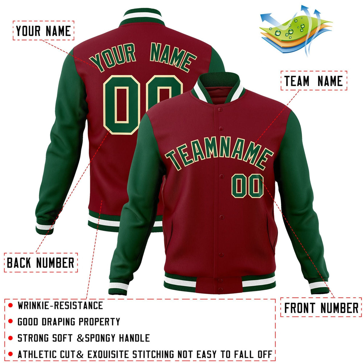 Custom Crimson Green-Khaki Letterman Jacket Contrast Sleeves Varsity Full-Snap