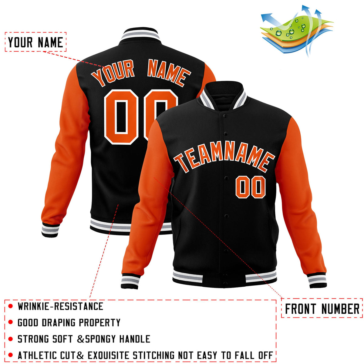 Custom Black Texas Orange-White Letterman Jacket Contrast Sleeves Varsity Full-Snap
