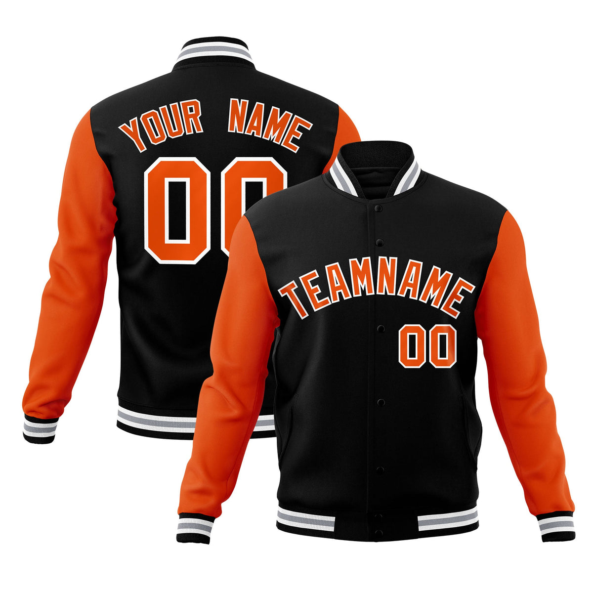 Custom Black Texas Orange-White Raglan Sleeves Varsity Full-Snap Letterman Jacket