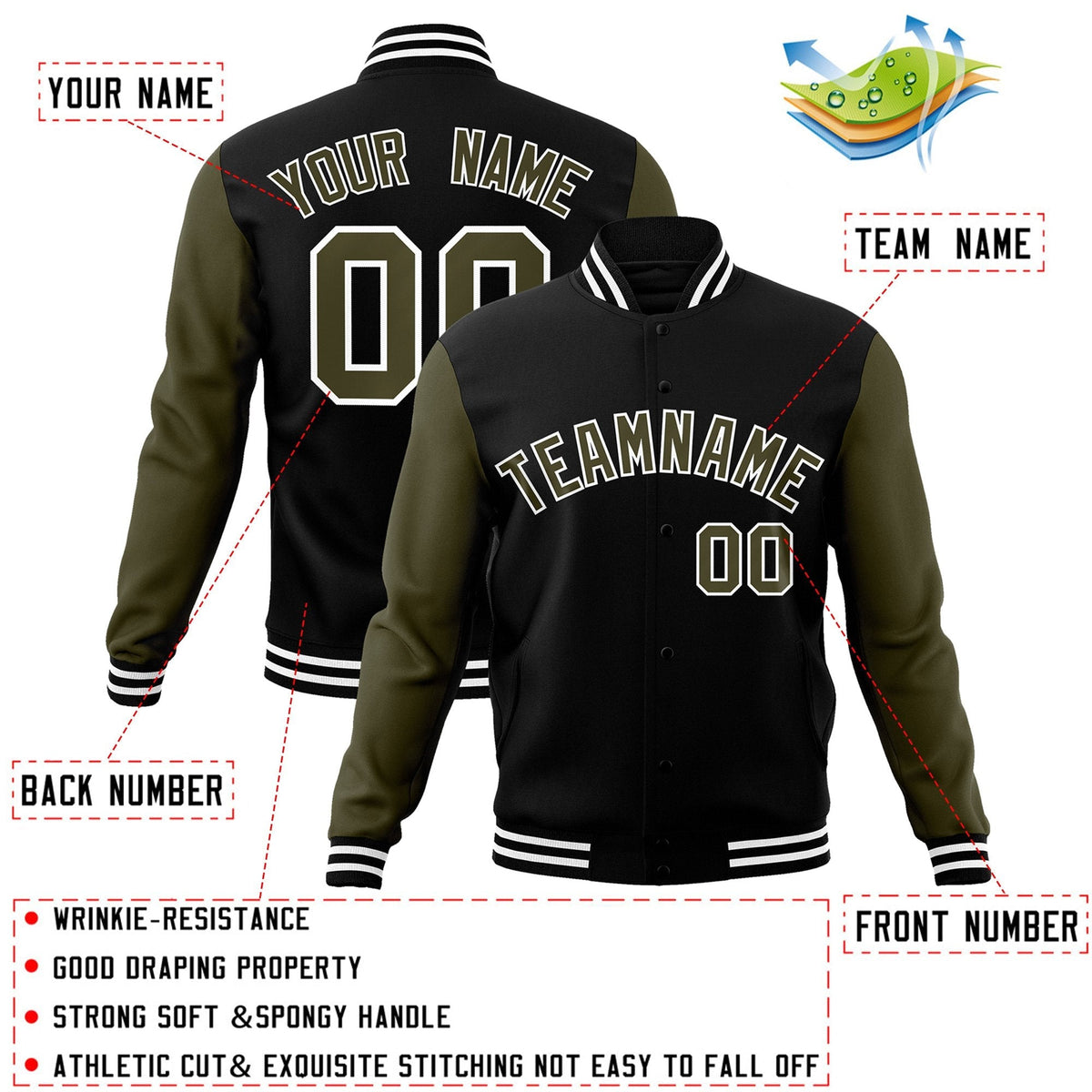 Custom Black Olive-White Letterman Jacket Contrast Sleeves Varsity Full-Snap