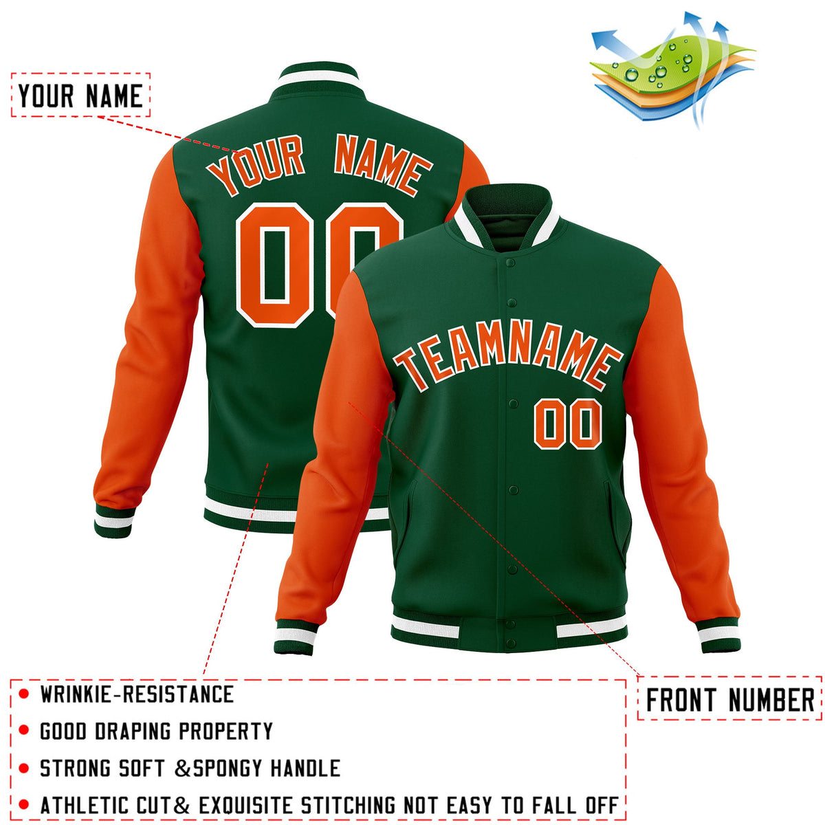 Custom Green Texas Orange-White Letterman Jacket Contrast Sleeves Varsity Full-Snap