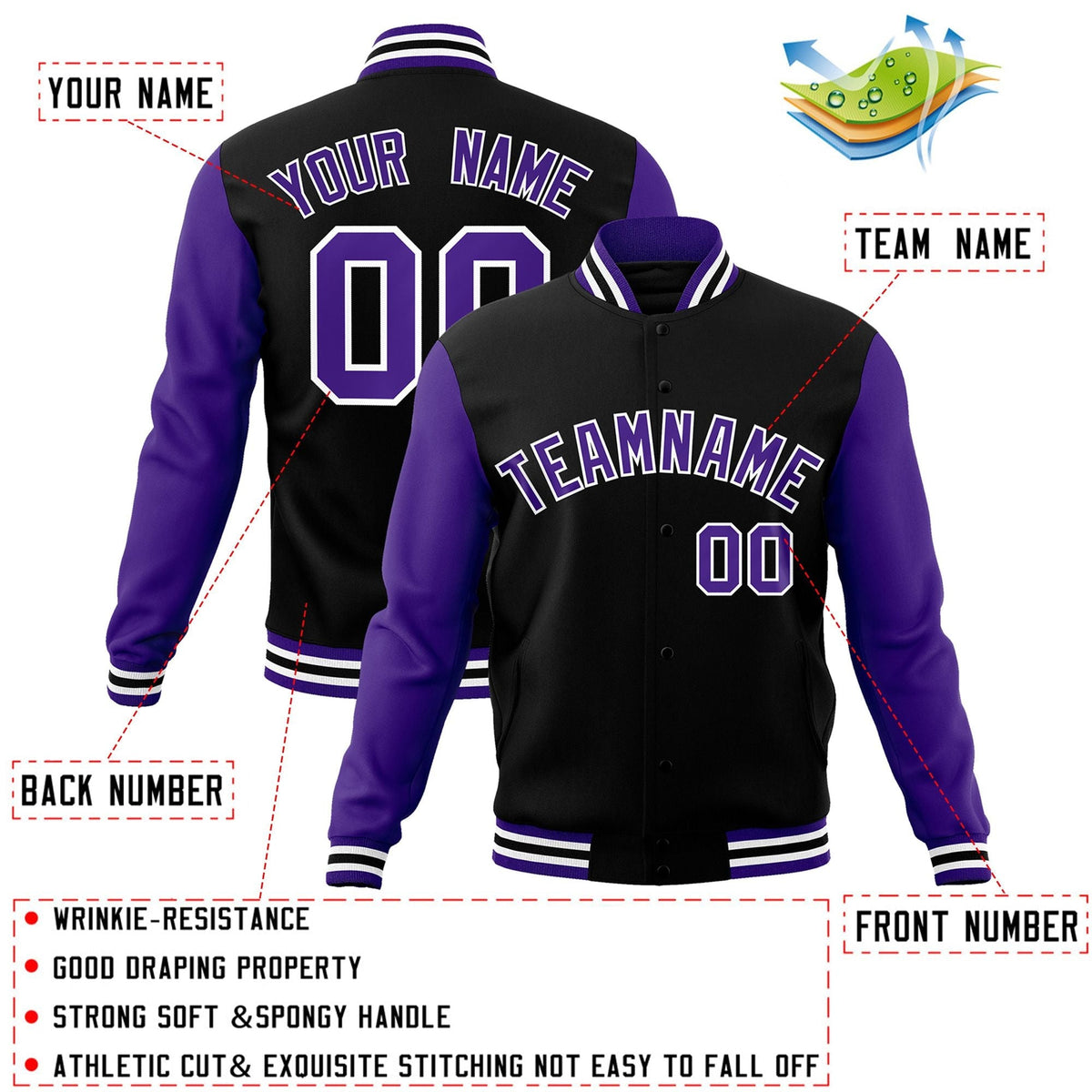 Custom Black Purple-White Letterman Jacket Contrast Sleeves Varsity Full-Snap