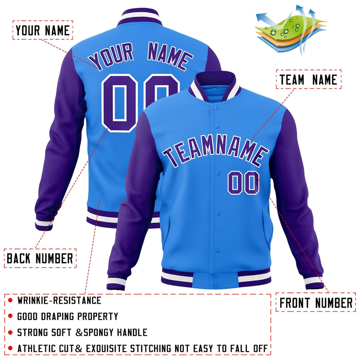 Custom Powder Blue Purple-White Letterman Jacket Contrast Sleeves Varsity Full-Snap