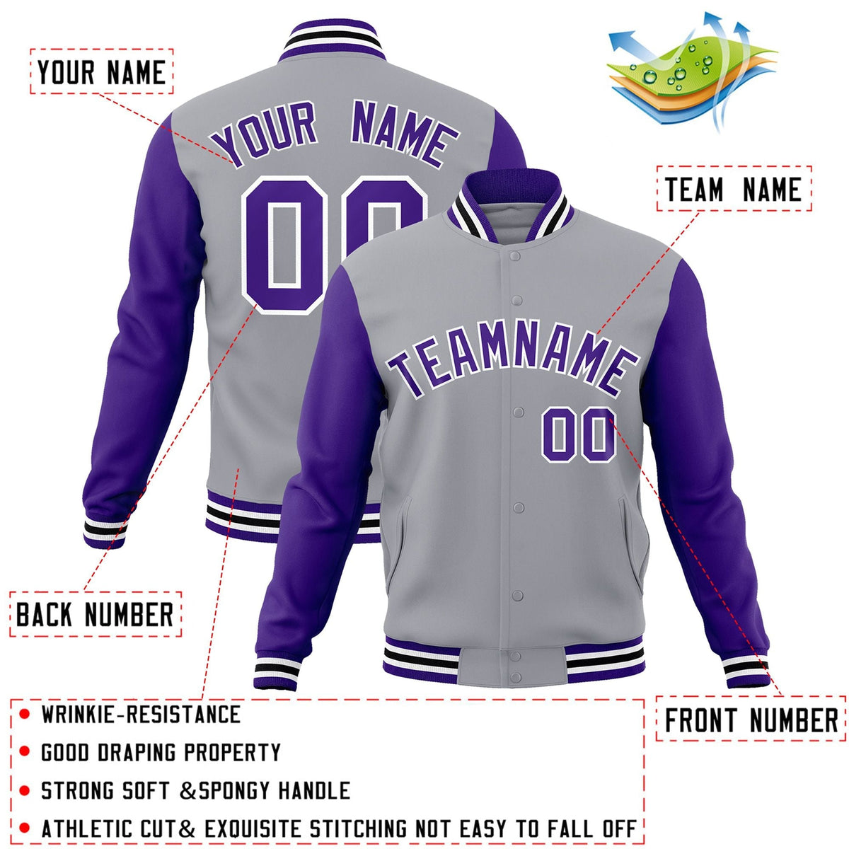Custom Gray Purple-White Letterman Jacket Contrast Sleeves Varsity Full-Snap