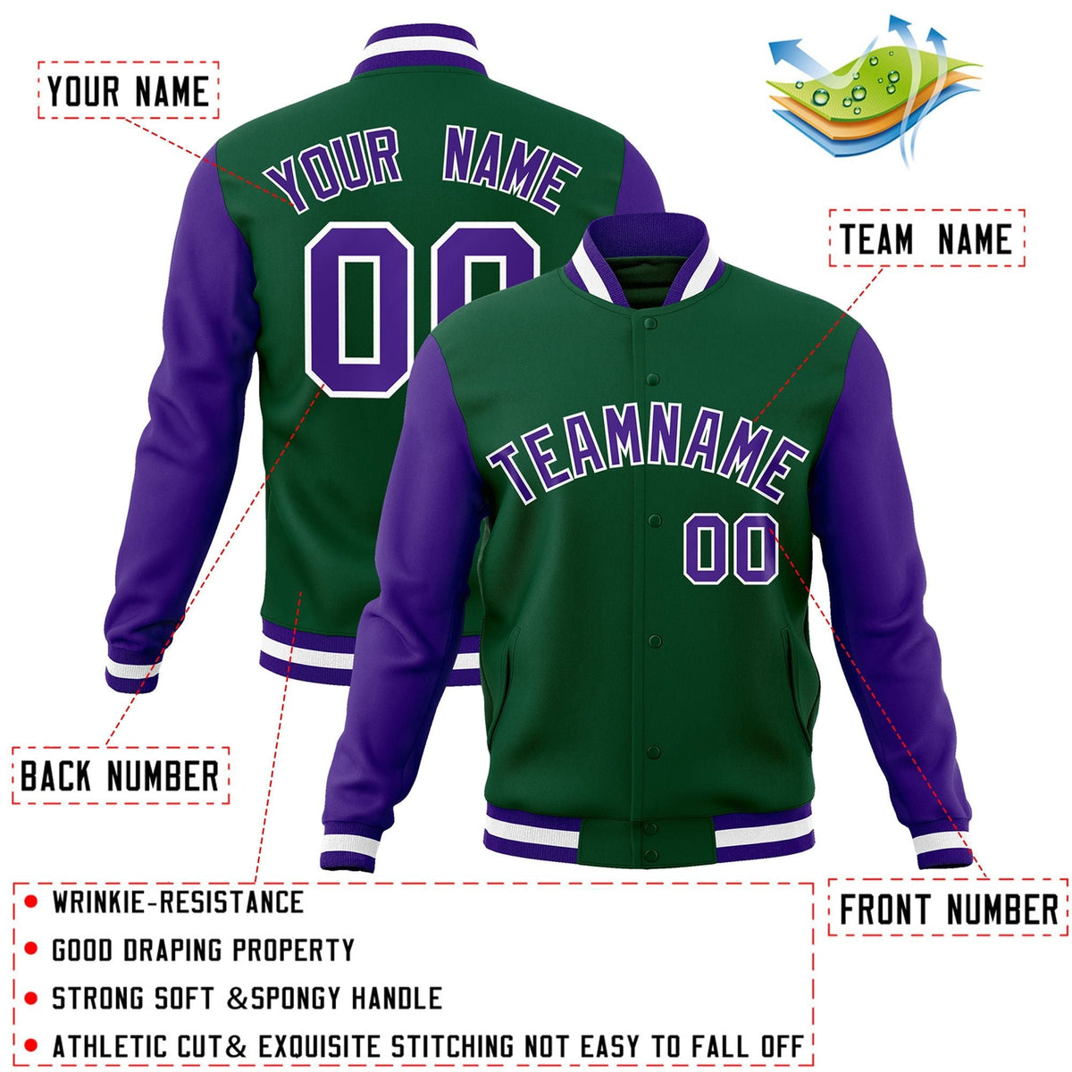 Custom Green Purple-White Letterman Jacket Contrast Sleeves Varsity Full-Snap