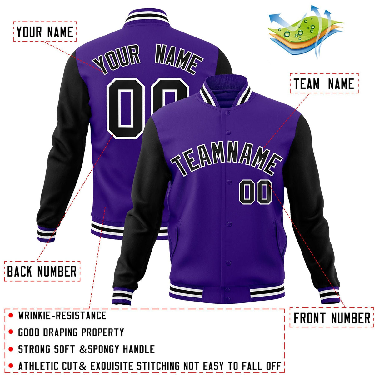 Custom Purple Black-White Letterman Jacket Contrast Sleeves Varsity Full-Snap
