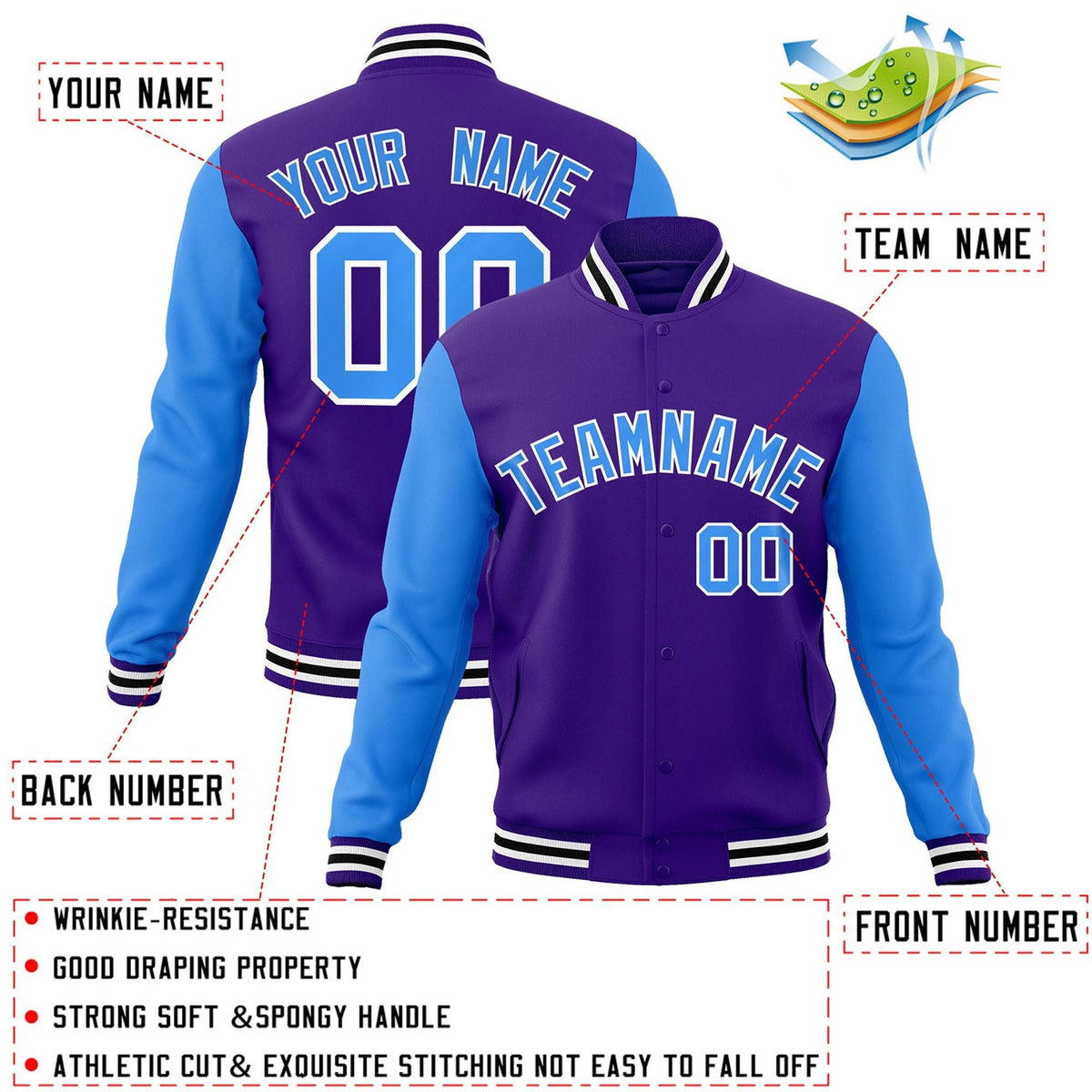Custom Purple Powder Blue-White Letterman Jacket Contrast Sleeves Varsity Full-Snap