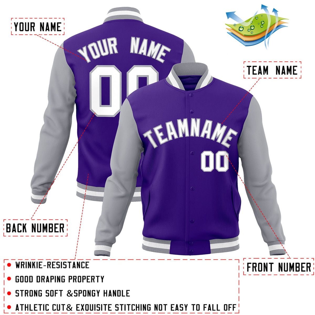 Custom Purple White-Gray Letterman Jacket Contrast Sleeves Varsity Full-Snap