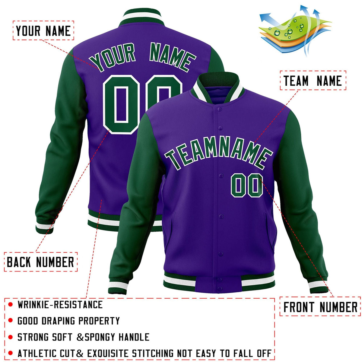 Custom Purple Green-White Letterman Jacket Contrast Sleeves Varsity Full-Snap