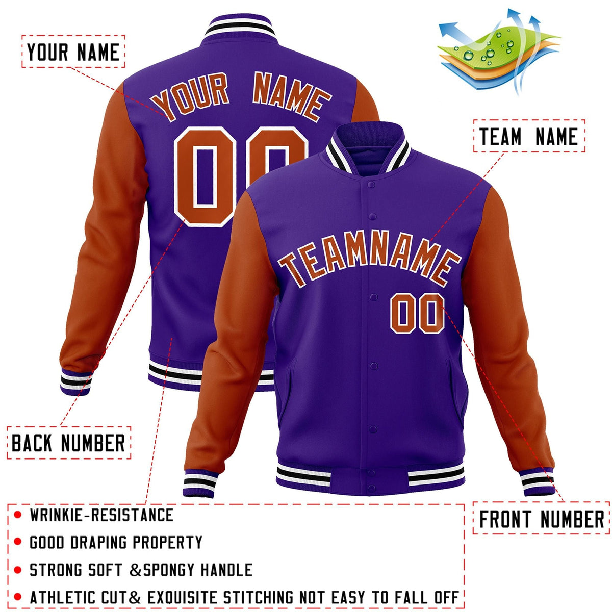 Custom Purple Texas Orange-White Letterman Jacket Contrast Sleeves Varsity Full-Snap
