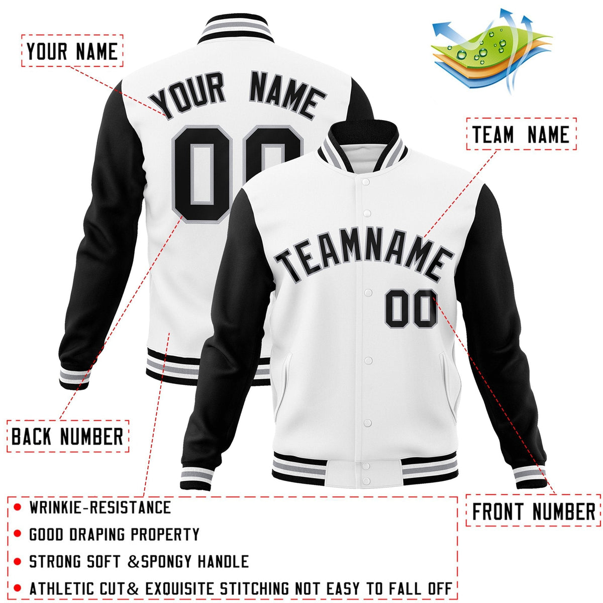 Custom White Black-Gray Letterman Jacket Contrast Sleeves Varsity Full-Snap