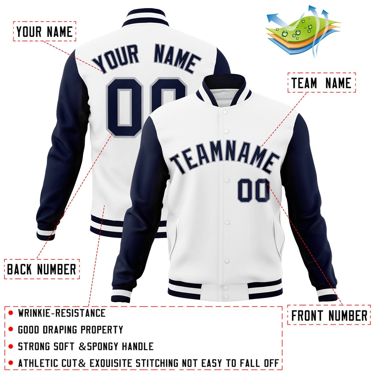 Custom White Navy-Gray Letterman Jacket Contrast Sleeves Varsity Full-Snap