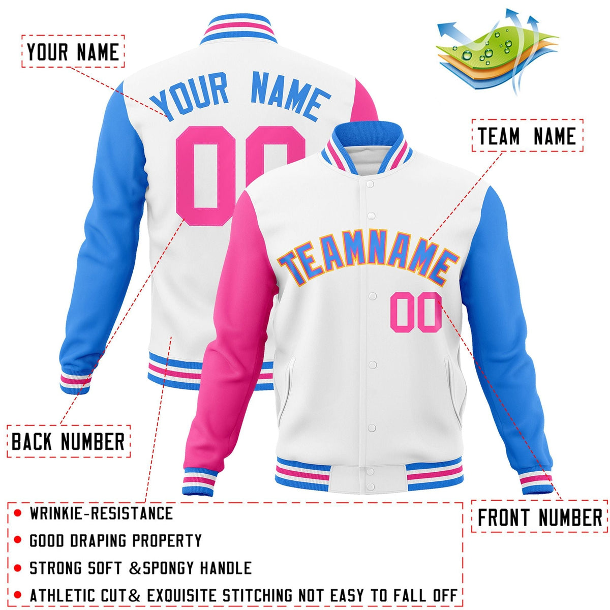 Custom White Powder Blue-Pink Letterman Jacket Contrast Sleeves Varsity Full-Snap