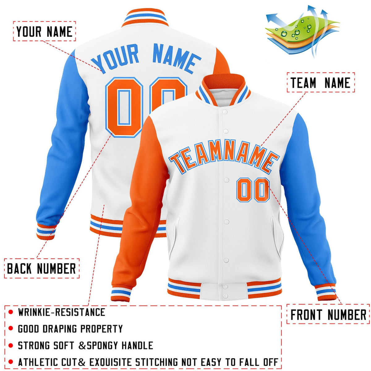 Custom White Orange-White Letterman Jacket Contrast Sleeves Varsity Full-Snap