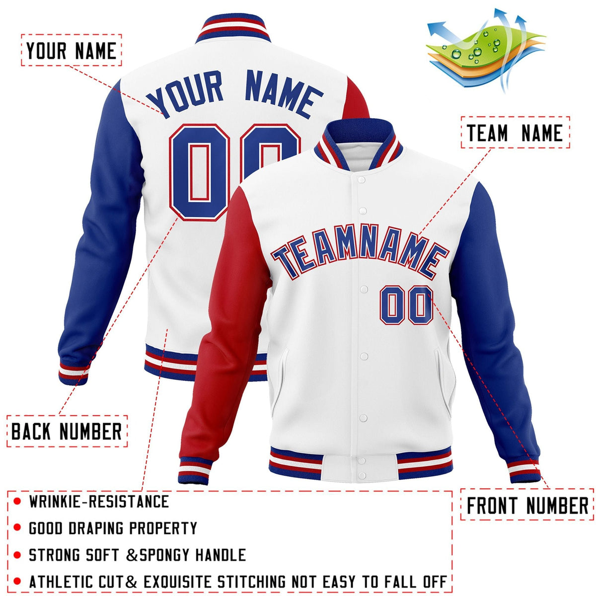 Custom White Royal-White Letterman Jacket Contrast Sleeves Varsity Full-Snap