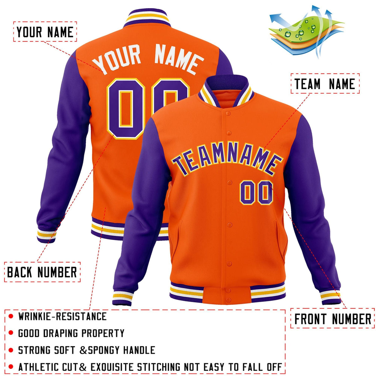 Custom Orange Purple-White Letterman Jacket Contrast Sleeves Varsity Full-Snap