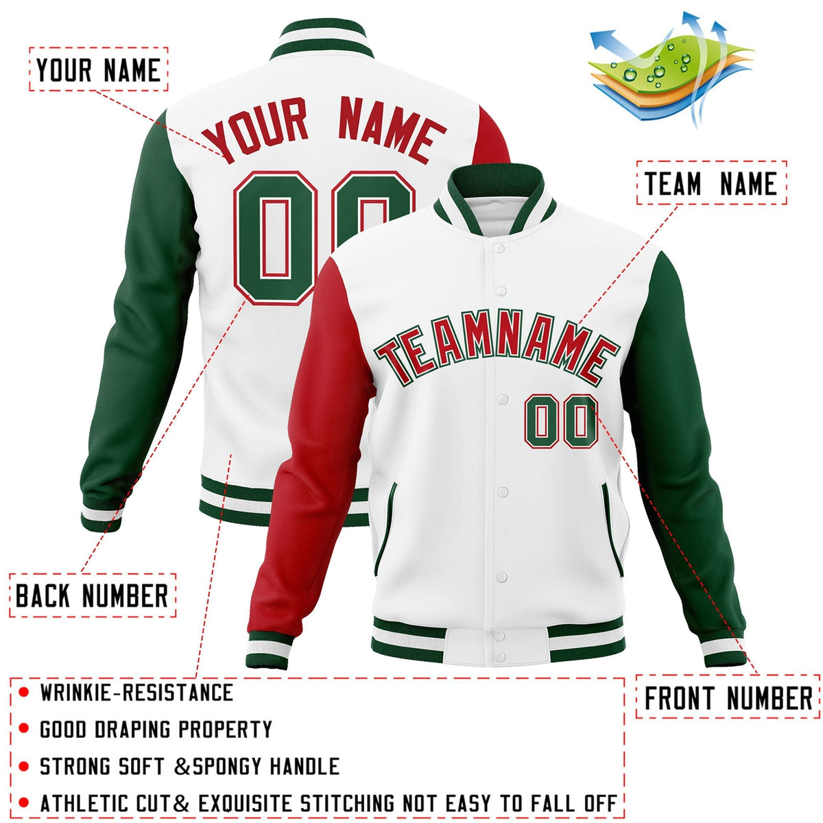 Custom White Red-White Letterman Jacket Contrast Sleeves Varsity Full-Snap