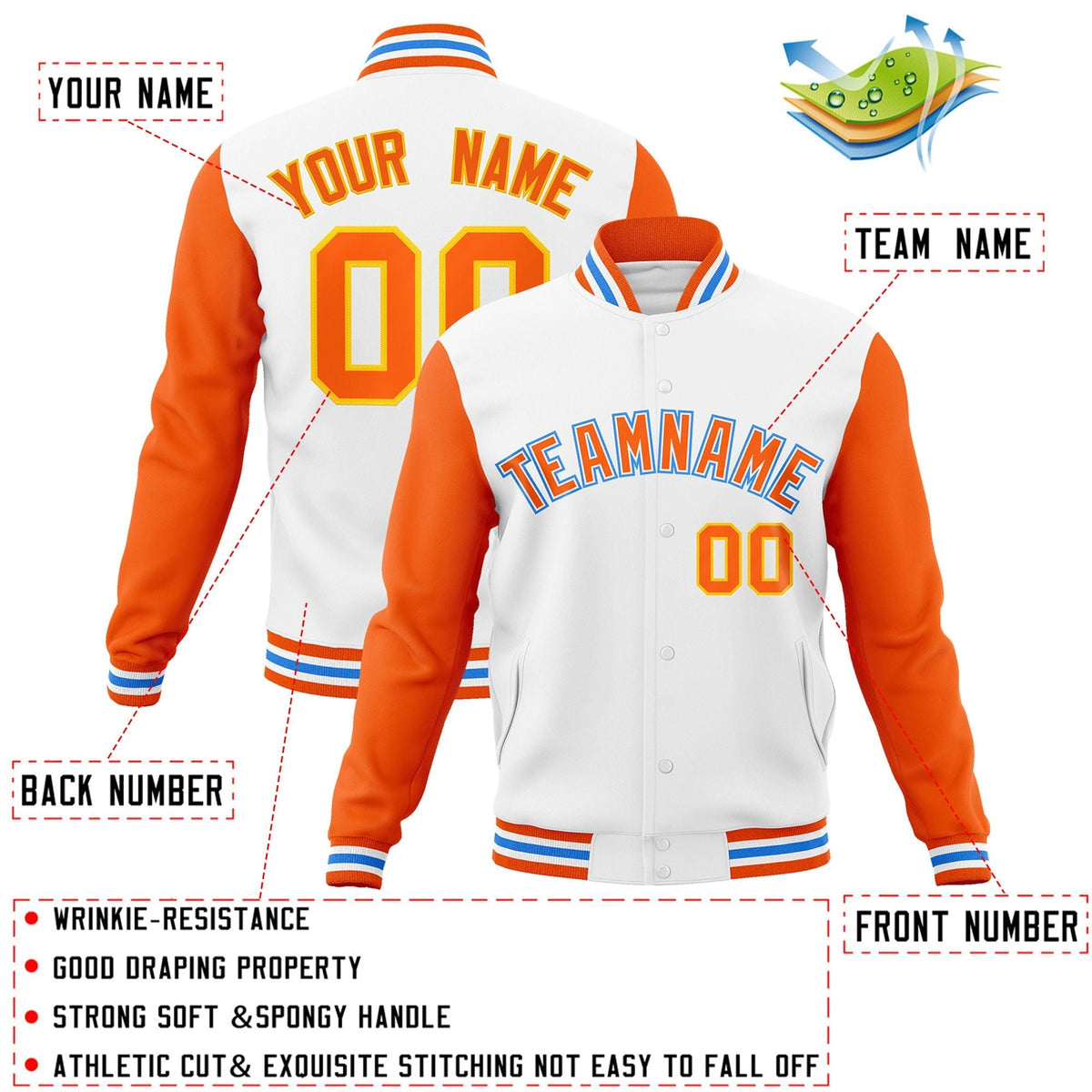 Custom White Orange-White Letterman Jacket Contrast Sleeves Varsity Full-Snap