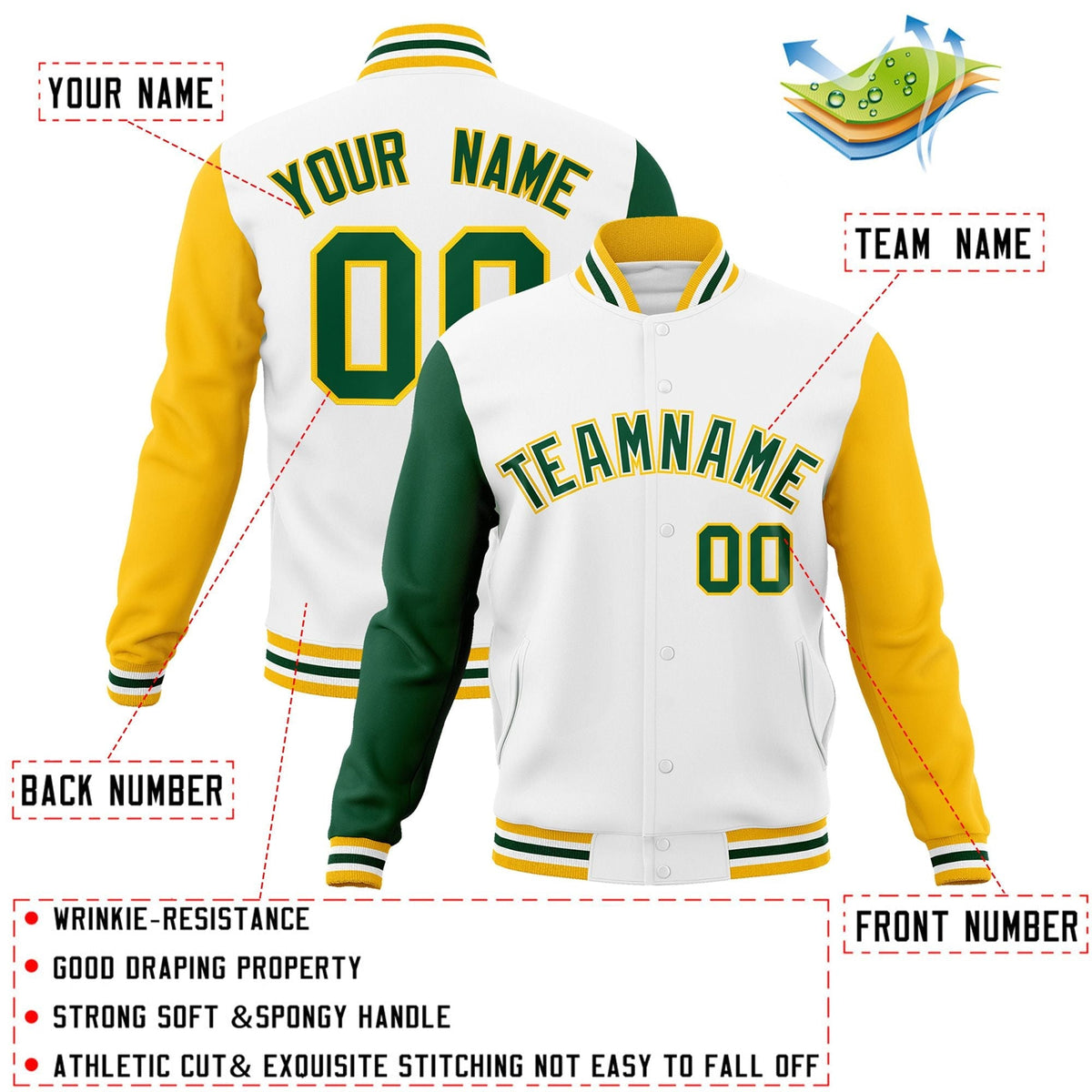 Custom White Green-White Letterman Jacket Contrast Sleeves Varsity Full-Snap