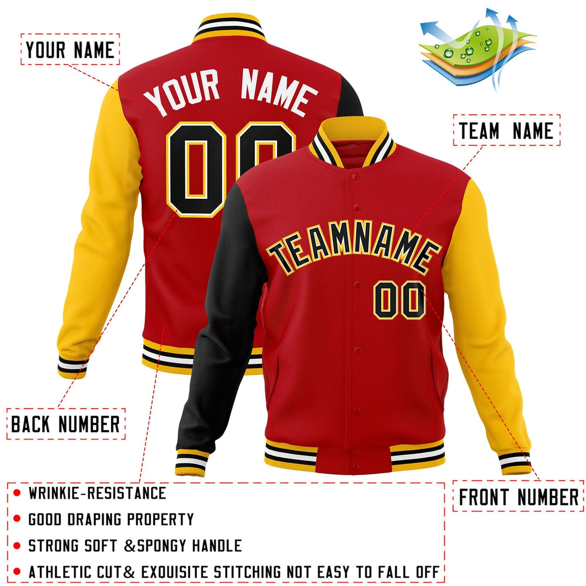 Custom Red Black-White Letterman Jacket Contrast Sleeves Varsity Full-Snap