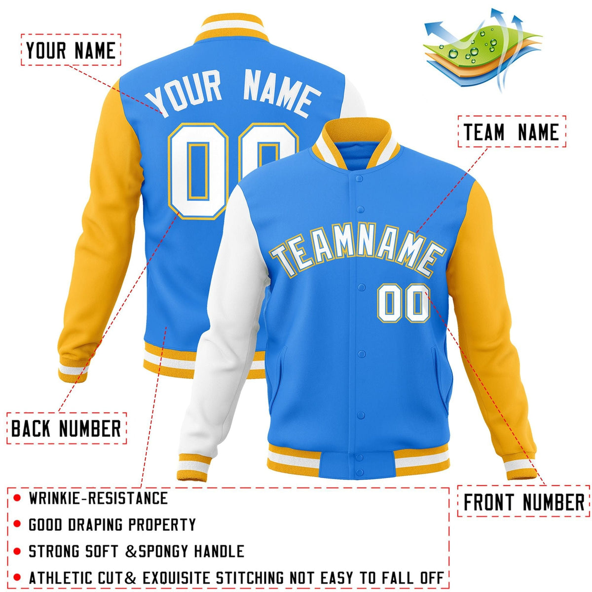 Custom Powder Blue White-Powder Blue Letterman Jacket Contrast Sleeves Varsity Full-Snap