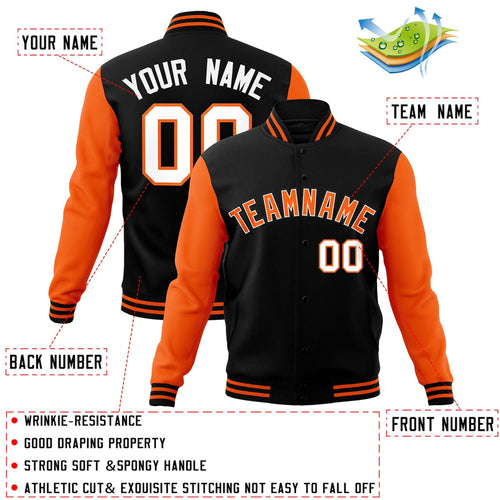 Custom Black Orange-White Letterman Jacket Contrast Sleeves Varsity Full-Snap