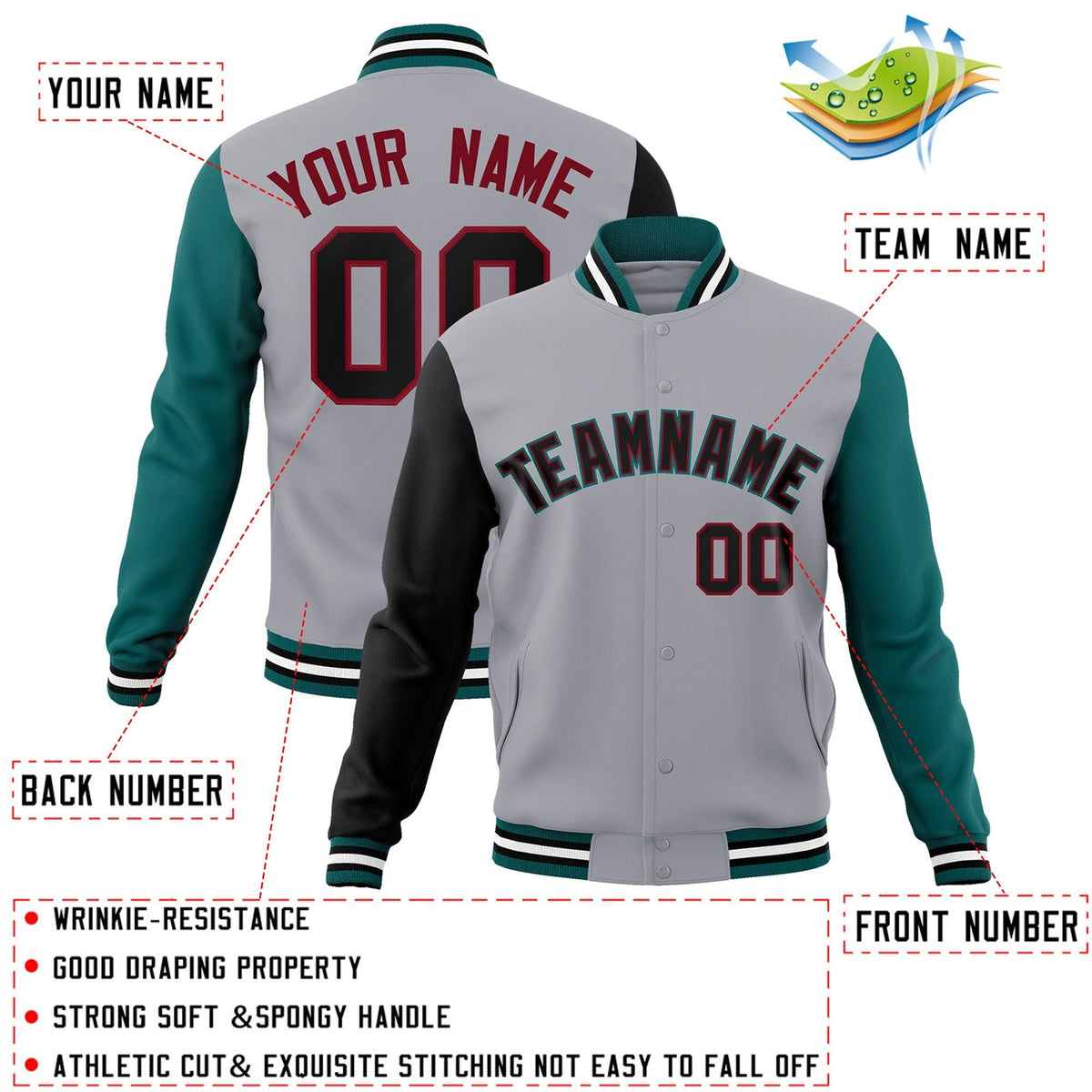 Custom Gray Black-Crimson Letterman Jacket Contrast Sleeves Varsity Full-Snap