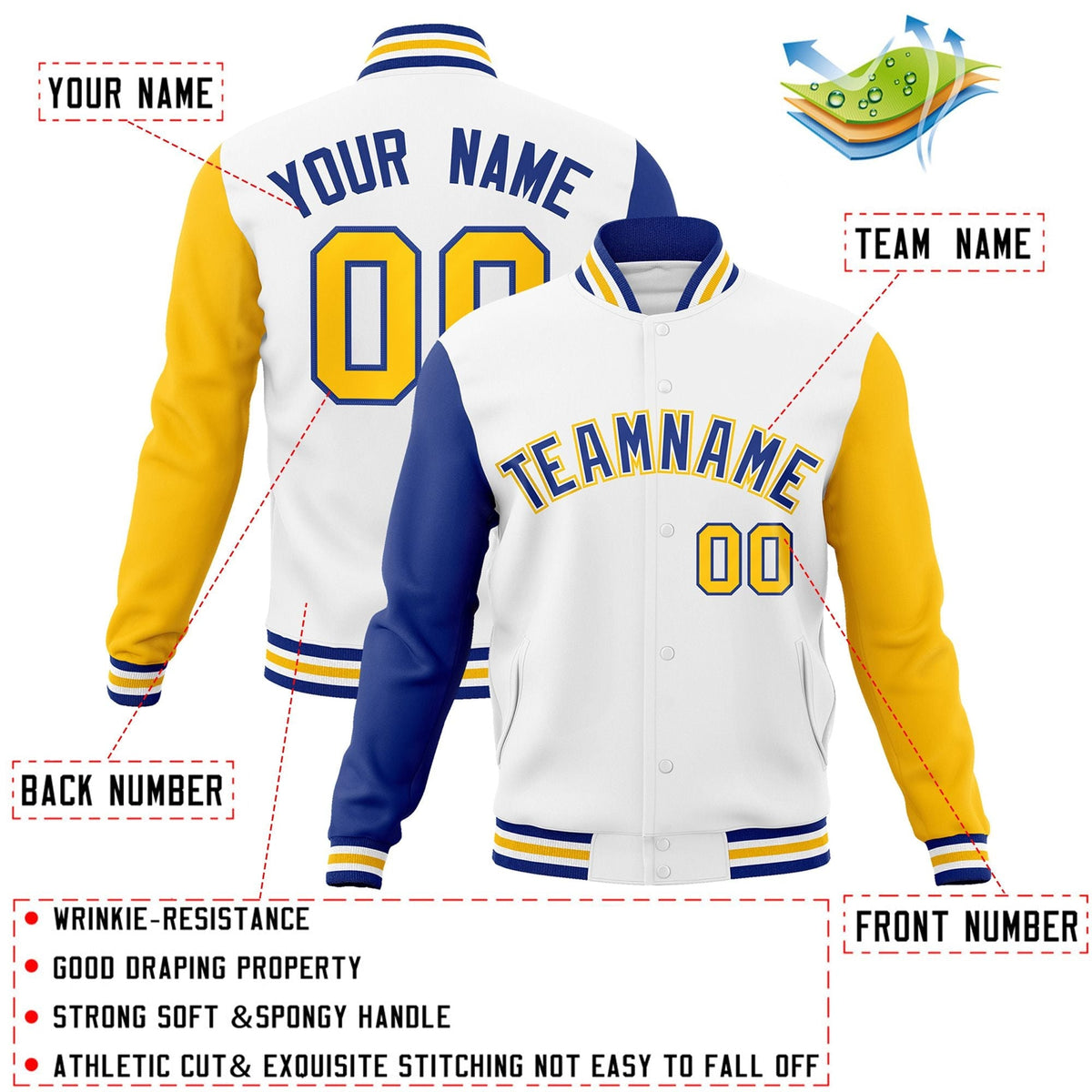 Custom White Royal-White Letterman Jacket Contrast Sleeves Varsity Full-Snap