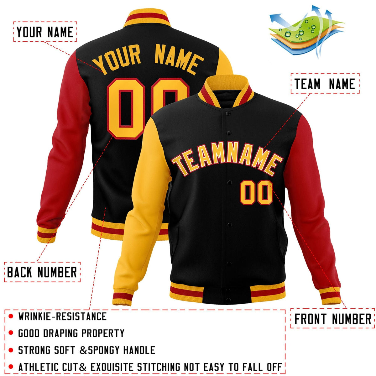 Custom Black Gold-White Letterman Jacket Contrast Sleeves Varsity Full-Snap