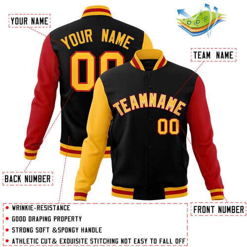 Custom Black Gold-White Letterman Jacket Contrast Sleeves Varsity Full-Snap