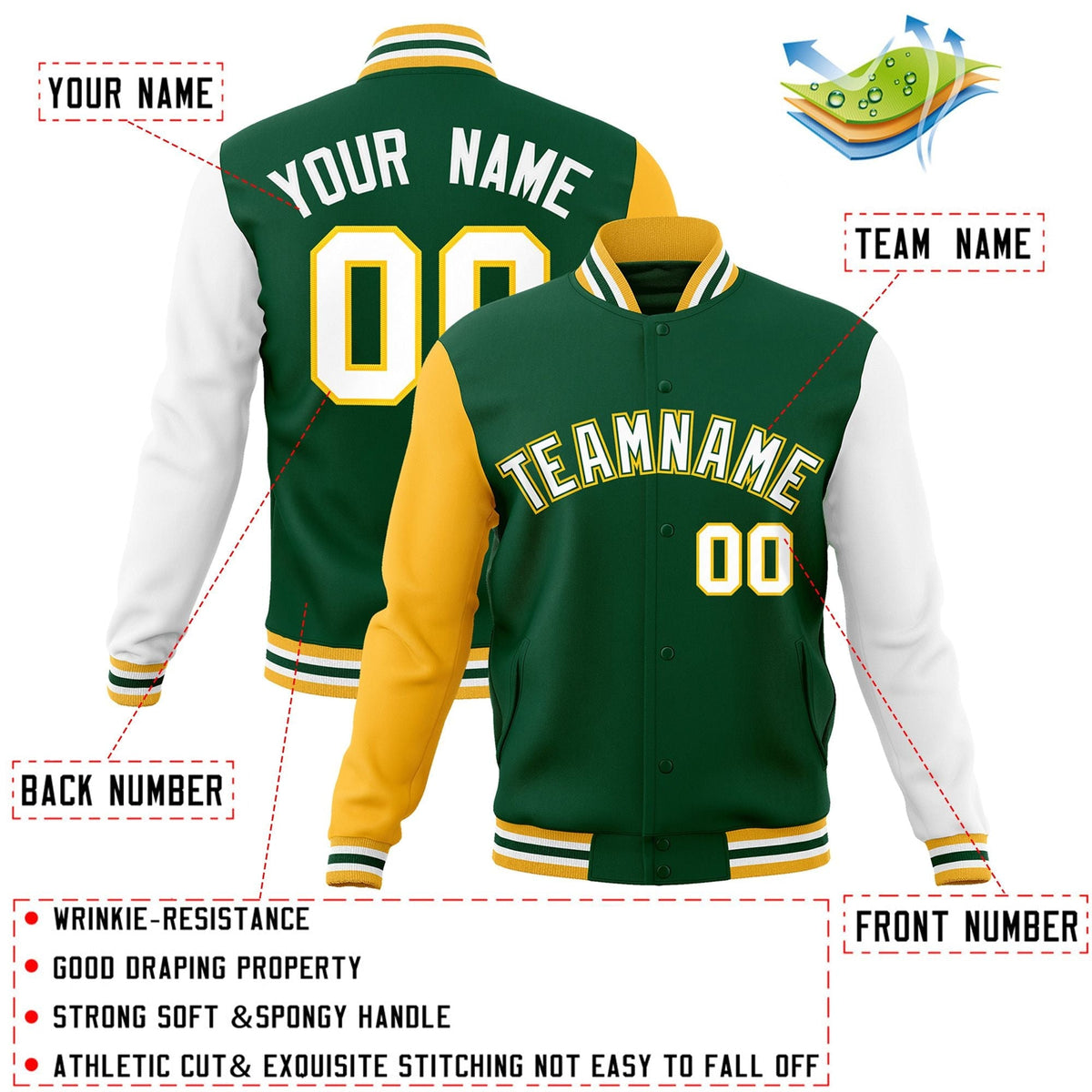 Custom Green White-Green Letterman Jacket Contrast Sleeves Varsity Full-Snap