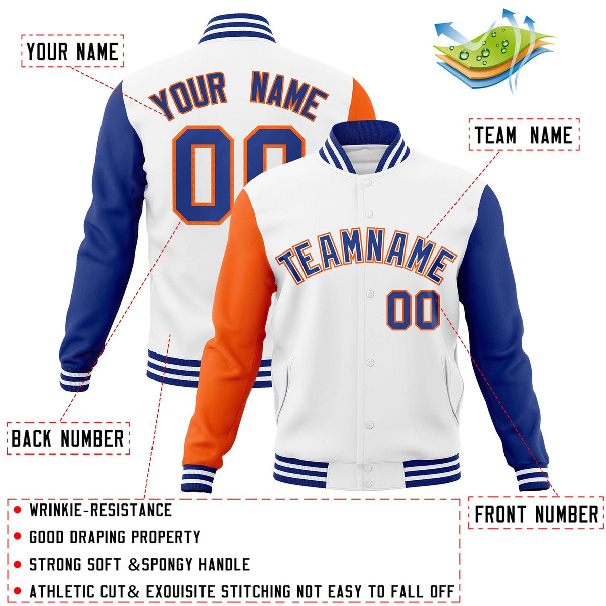 Custom White Royal-White Letterman Jacket Contrast Sleeves Varsity Full-Snap