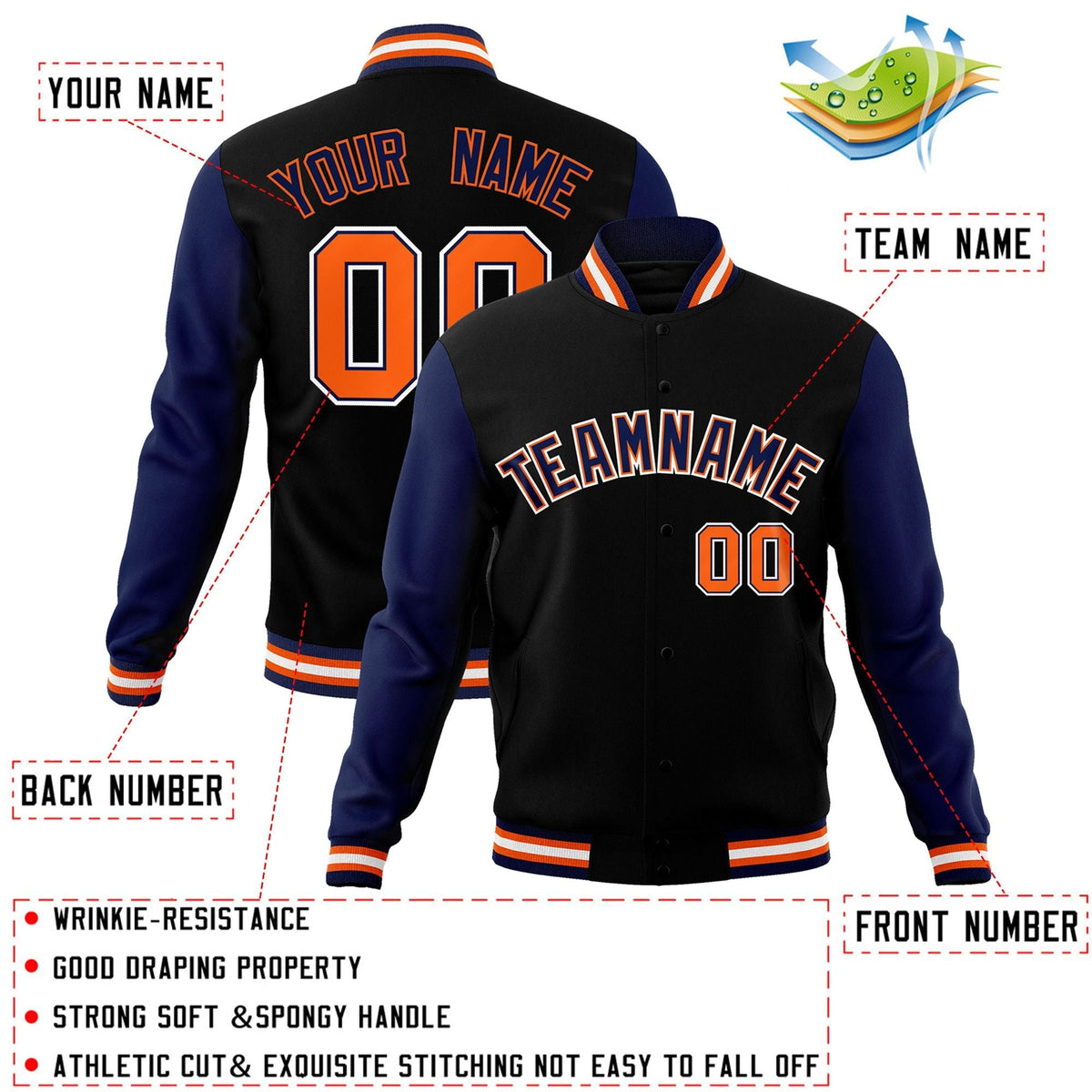 Custom Black Navy-Orange Letterman Jacket Contrast Sleeves Varsity Full-Snap
