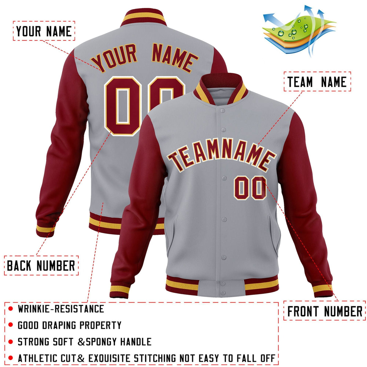 Custom Gray Crimson-Khaki Letterman Jacket Contrast Sleeves Varsity Full-Snap
